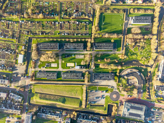 Top-down aerial view of temporary asylum seekers center Sneek Netherlands
