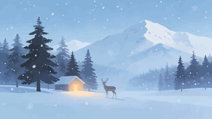 Snowy mountain cabin with deer