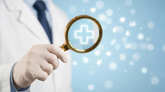 Doctor's hand with magnifying glass examining a glowing medical cross, surrounded by digital health icons. Concept of healthcare research, diagnosis, and innovation - Powered by Adobe