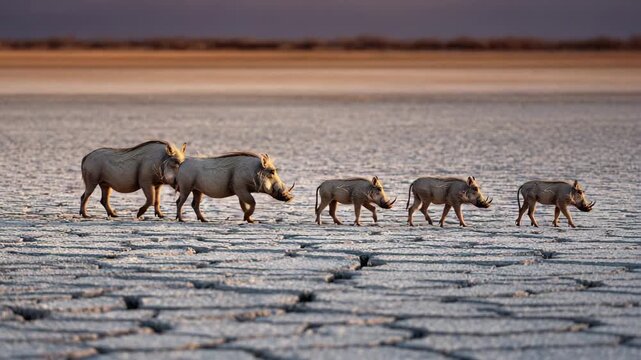 Warthog Family Walking in Line Across Dry African Savanna
