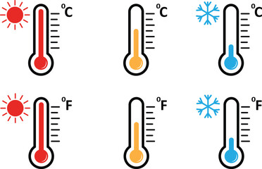 Thermometer vector icon set showing temperature levels. Weather forecast graphic with hot and cold indicators. Thermometer with temperature scale vector illustrator isolated on transparent background.
