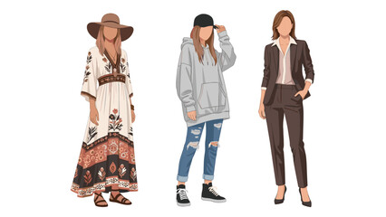 Fototapeta premium Three Women in Diverse Fashion Styles Standing Side by Side