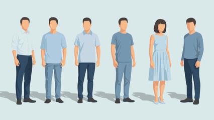 Fototapeta premium Group of Six People Standing in a Line, Casual Attire, Flat Design Illustration