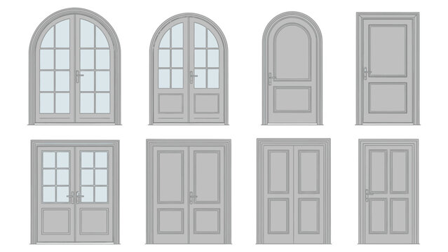 Set of vector line art illustrations featuring various architectural door collection designs, including single and double arched doors and paneled doors, ideal for plans and elevations
