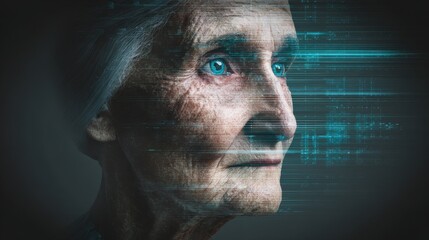 A digital portrait of an elderly woman, showcasing intricate details and a futuristic, glitch-like effect, emphasizing age and technology.
