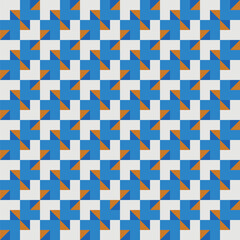 Pattern created from blue squares and gold and royal blue triangles on an off-white background