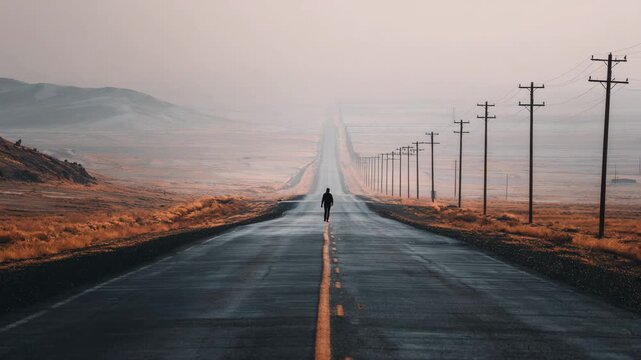 Lonely Person Walking Along Endless Road Through Desert Landscape