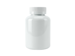 A simple white bottle with a matching white cap sits on a plain white background