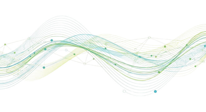 Dynamic abstract flowing lines and interconnected network points in vibrant green and blue hues, symbolizing data and digital connectivity