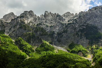 Fototapeta premium Scenic summer landscape of Valbona Valley National Park. Prokletije or Accursed Mountains in Northern Albania, Europe 