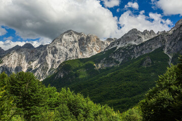 Obraz premium Scenic summer landscape of Valbona Valley National Park. Prokletije or Accursed Mountains in Northern Albania, Europe 
