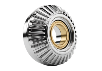 Detailed 3D render of a polished metal bearing with gold inner ring and ribbed outer edge steel chrome