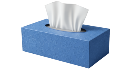 A blue tissue box with a white tissue emerging from it, isolated on transparent background