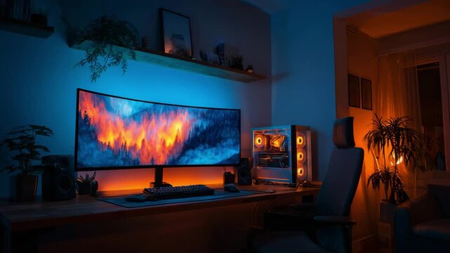 Modern Home Office and Gaming Workspace with Ultrawide Monitor at Night