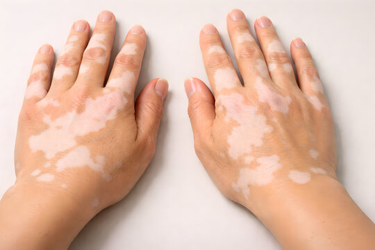 Photorealistic 3D medical depiction of vitiligo, close-up of both hands and wrists showing well-demarcated depigmented patches on the dorsum of hands and fingers