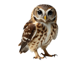 A close-up image of a brown and white owl perched on a white surface