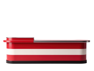 A simple kitchen appliance with red and white panels on a black base