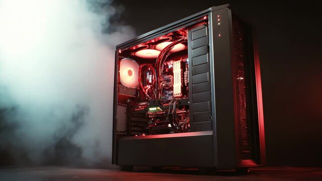 High Performance Gaming PC with Liquid Cooling and Dramatic Smoke Effect