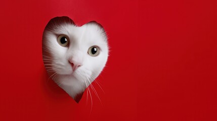 Curious white cat peering through heart-shaped hole in red background