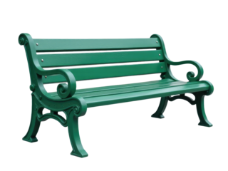 A simple green park bench on a white background, suitable for use in various contexts such as lifestyle, outdoor, or travel images