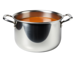 A pot of hot soup sitting on a clean white surface