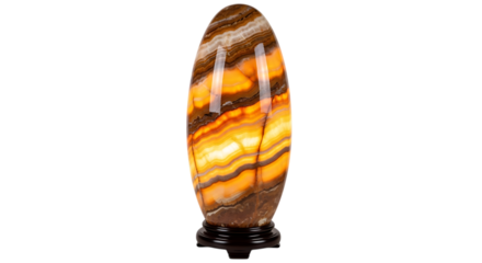 Tall oval onyx stone lamp with glowing amber and brown bands on a black background light natural