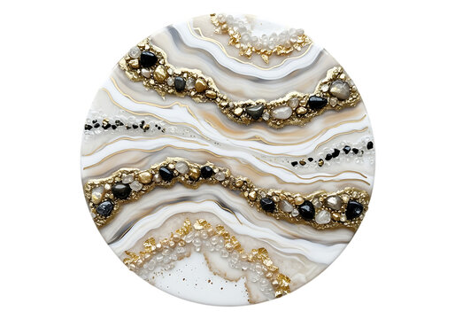 Round resin art with agate-like patterns gold leaf and natural stones on black epoxy art geode art