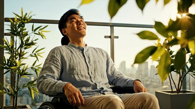 relaxed asian man sitting in wheelchair on balcony. disabled person enjoying sunset and fresh air. urban city skyline background. inclusion lifestyle.