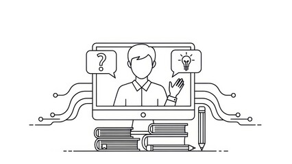 Online Learning Concept: Teacher on Computer Screen with Books, Pencil, Lightbulb, and Question Mark Icons
