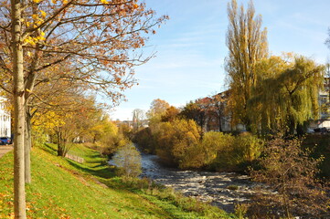 Gentle river flowing past homes and vibrant fall trees capturing picturesque neighborhood scenery