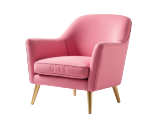 A pink chair with wooden legs placed on a white background
