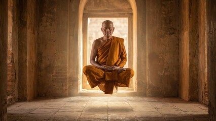 Monk levitating through deep meditation in an ancient temple. Spiritual journey and mindfulness concept for religious and mystic themes.
