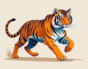 Fototapeta premium Elegant vector tiger in mid-stride, stylized stripes, vibrant colors, dynamic composition, high resolution, suitable for apparel prints