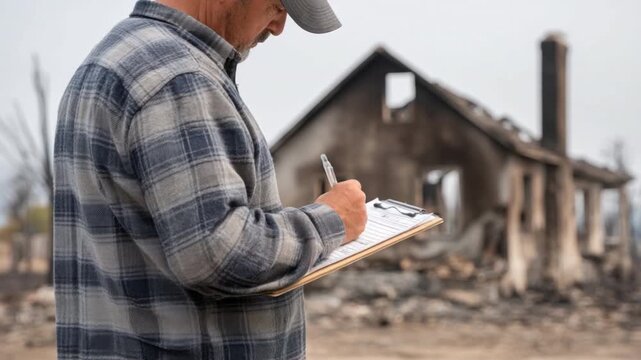 Man in plaid shirt examines damage to a burnt house, assessing destruction and surveying aftermath of a fire incident 4k video footage