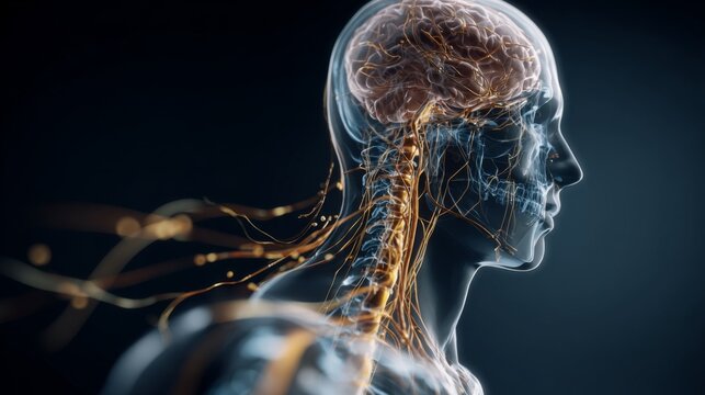 Intricate Visualization of Human Nervous System with Brain and Spinal Cord Highlighting Neuronal Connections and Electrical Activity