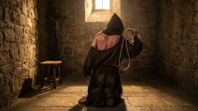 Penitent monk engaging in self-flagellation shown from behind, kneeling in a dark monastic cell with visible scars on his back, for religious devotion imagery.