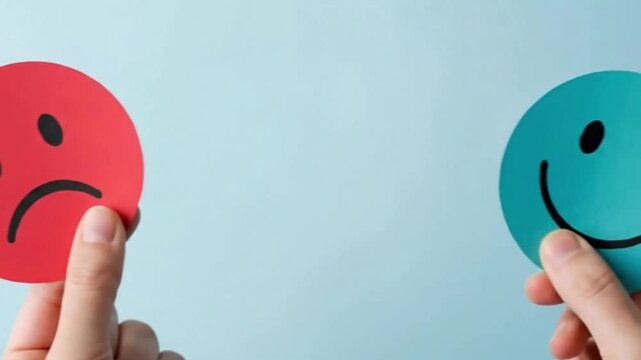 Red sad and blue happy face interaction. Represents connection, interpersonal relation, opposite emotion, emotional intelligence, empathy, contrast