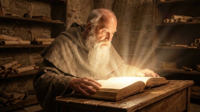 Old man monk reading ancient book with glowing light, wisdom spiritual knowledge sacred text, historical educational concept