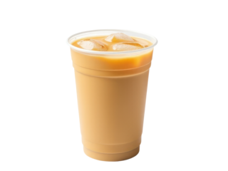 A clear plastic cup filled with iced coffee and floating ice cubes