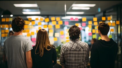Team Collaborating on Ideas with Sticky Notes on Glass Wall.