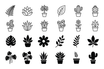 Collection of potted plants and leaves vector icons isolated on white background
