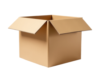 A simple cardboard box with its flaps open on a white background, ideal for use as a placeholder or in packaging designs