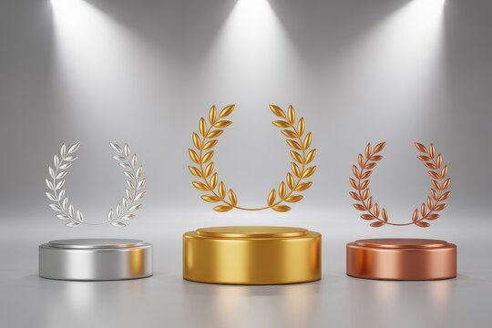 Gold silver and bronze winners podiums with laurel wreaths under spotlights