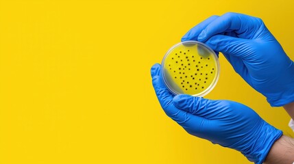 Gloved hands holding bacteria petri dish with yellow background