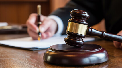 Judge writing decision with gavel