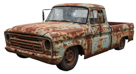 Old rusty pickup truck with weathered metal body and cracked paint, isolated on transparent background, showcasing realistic rust patches and broken windshield