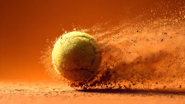 Tennis Ball Kicking Up Dust on Clay Court During a Fast Serve.