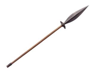 A wooden spear with a long blade against a clean white background