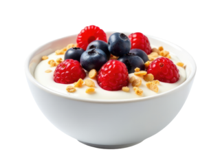 A delicious breakfast or snack, this image shows a bowl of yogurt topped with fresh raspberries and blueberries