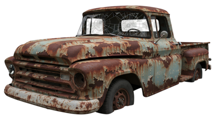 Vintage rusty truck isolated on transparent background, showcasing peeling paint and worn exterior, a nostalgic vehicle in a static display